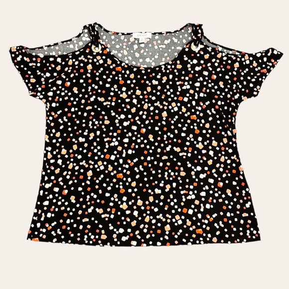 Nine West Cold Shoulder Black Pattern Short Sleeve Blouse - Picture 1 of 12